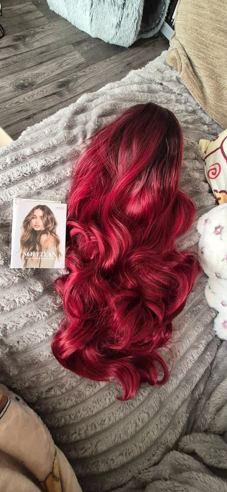 Heat-Resistant Synthetic Long Wavy Wig With Bangs ~ Burgundy Black Ombre 24 Inches