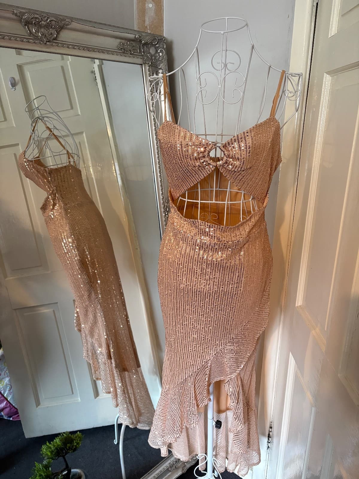 Giffniseti Rose Gold Sequin Cut Out Maxi Dress