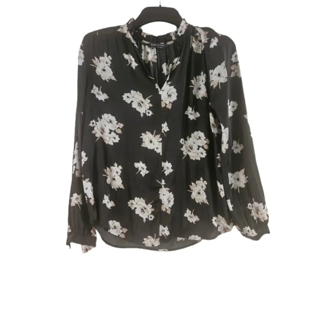 M&S Collection Black Floral Print V-Neck Frill High Neck Long Sleeve Blouse Top UK 12
