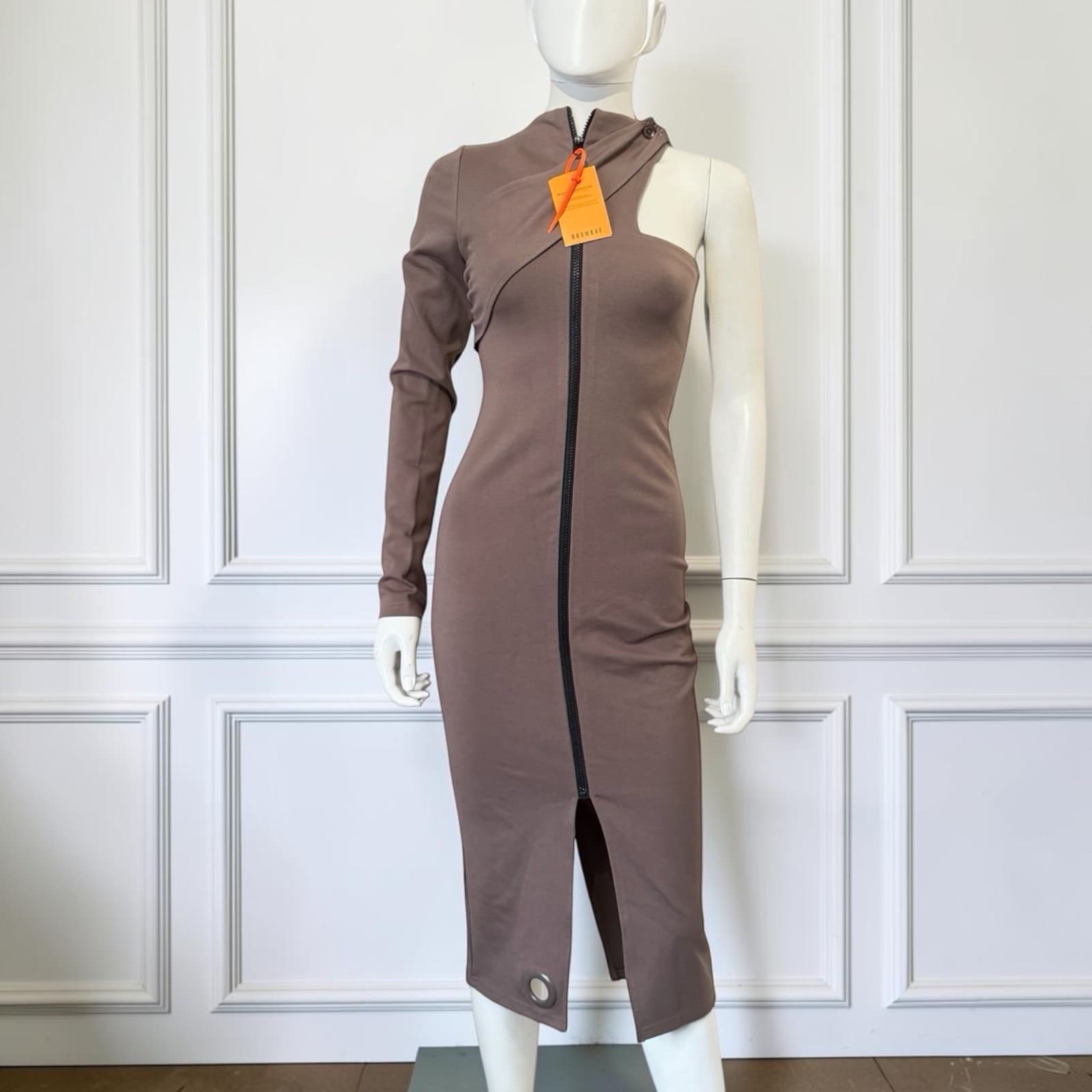 BBX BRAND Brown Full Zip One Sleeve Bodycon Midi Dress Club
