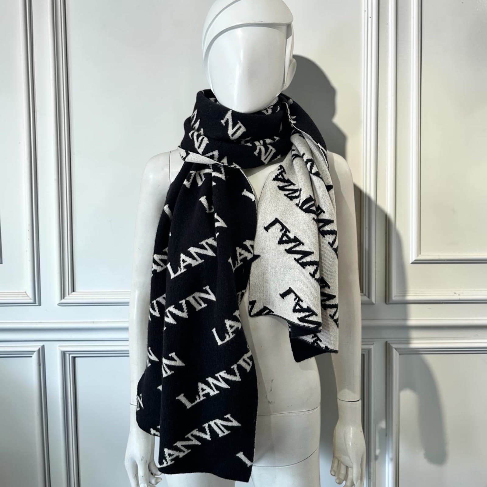 Lanvin Paris Black White Cashmere Logo Monogram Reversible Knit Scarf Wrap Stole Luxe Designer
