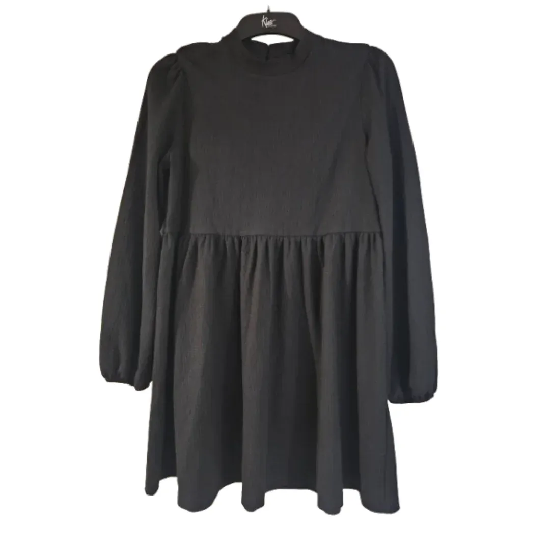 New Look Black Textured Ripple High Neck Smock Mini Dress Size UK 12