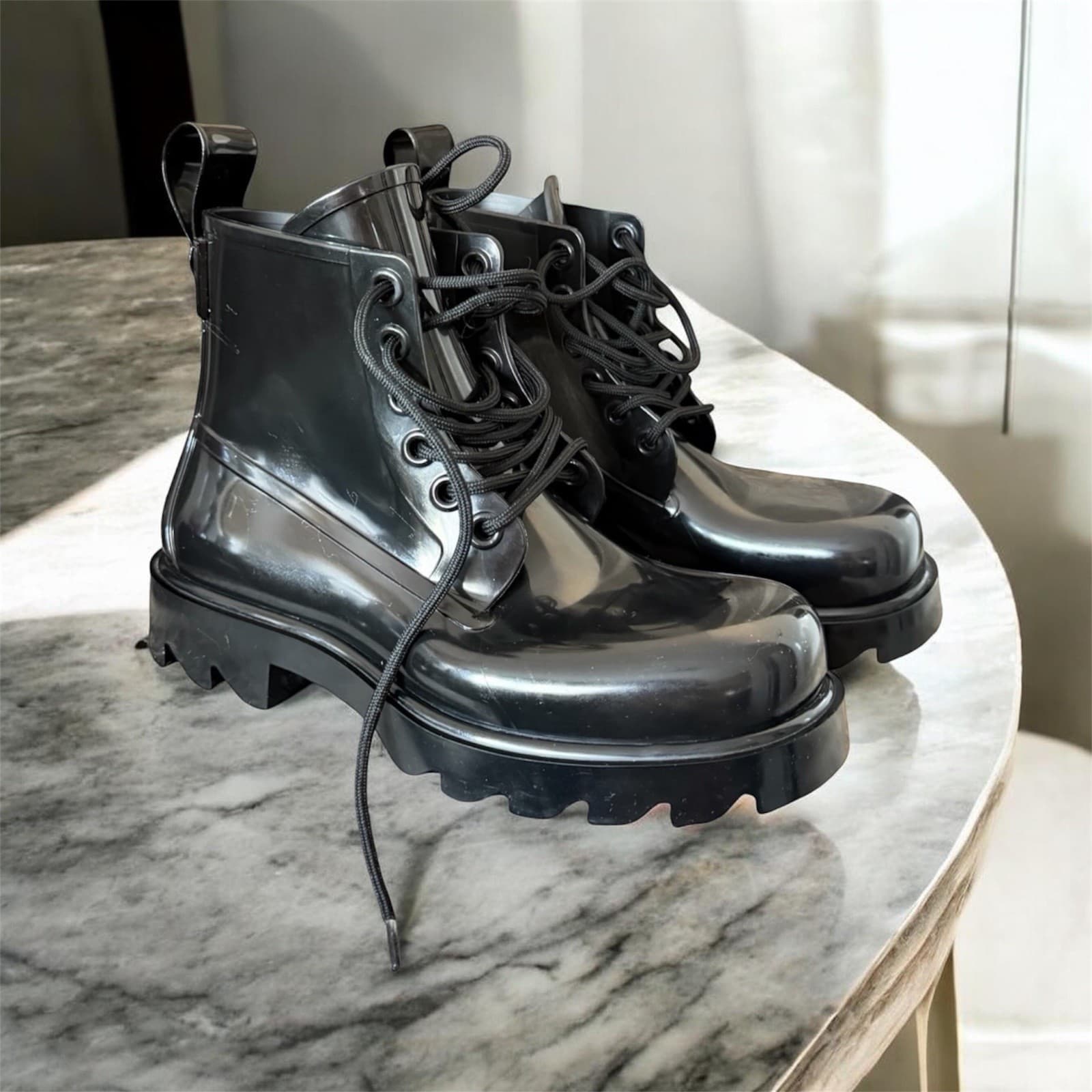 Bottega Veneta Stride Black Glossy Rubber Lace-Up Chunky Combat Rain Ankle Boots Cyber Alt Utilitarian