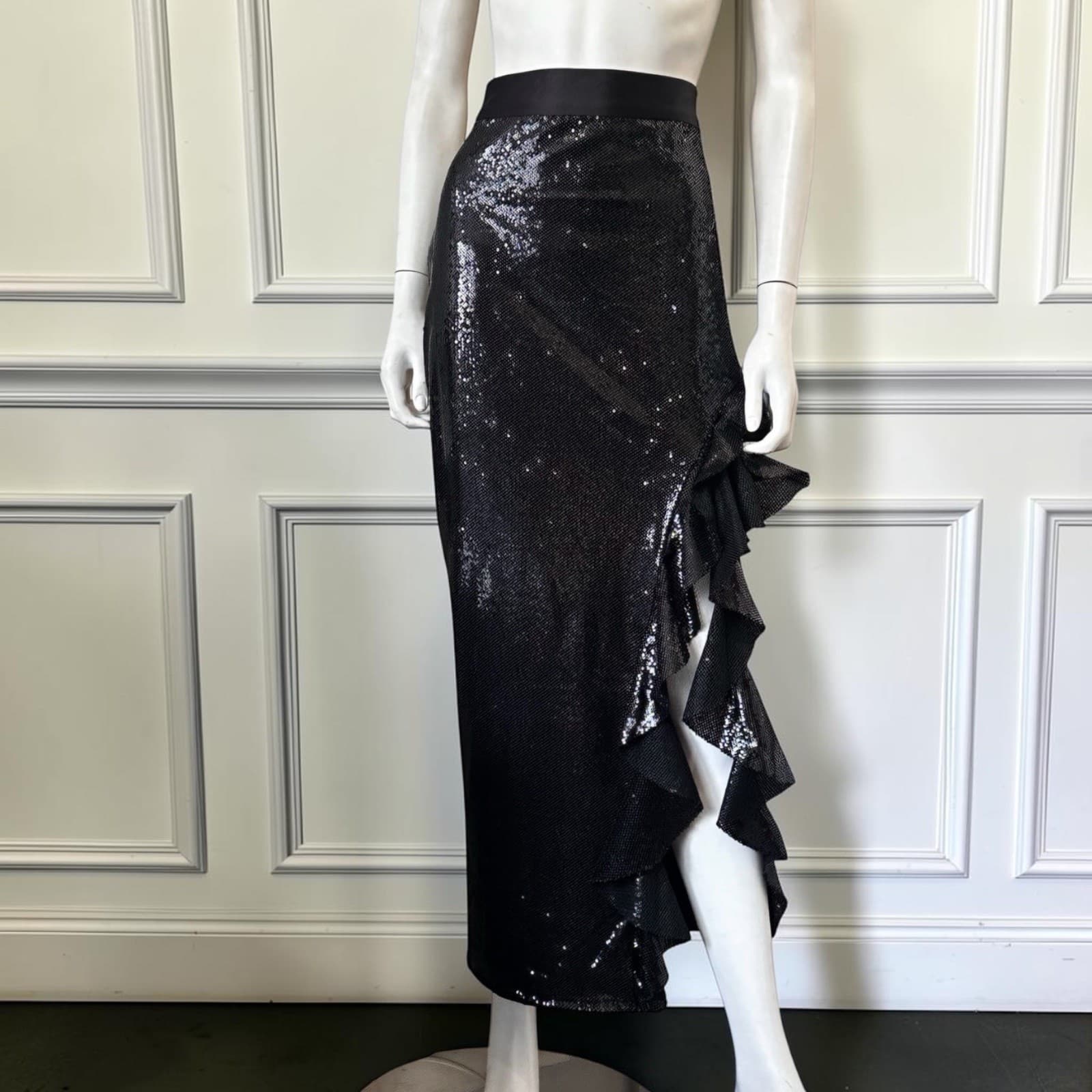Amy Lynn Black Sequin Satin Ruffle Tight Slit High Waist Maxi Skirt Party Cocktail Glam Chic