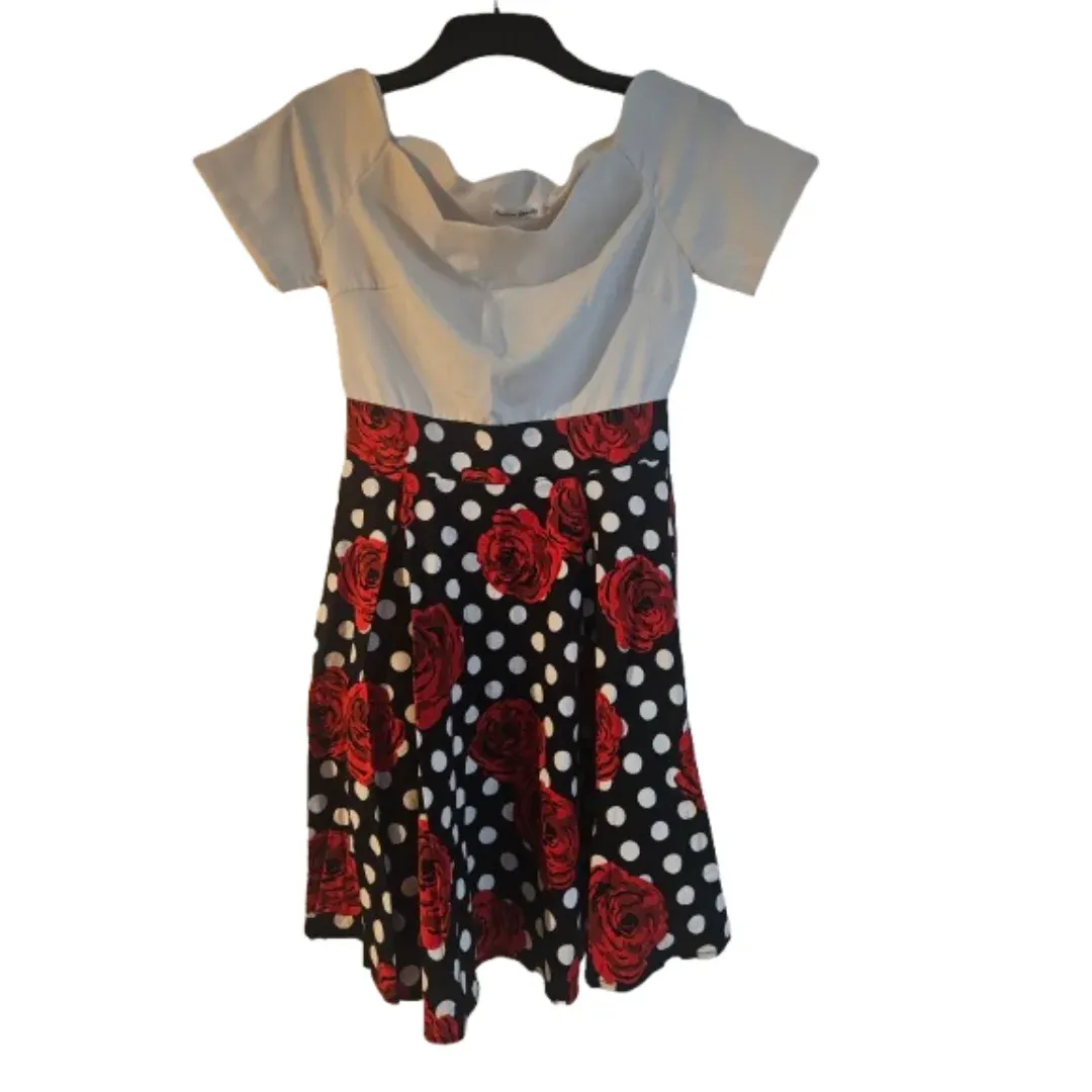 Fashion Family 1950s Vintage Style Rose & Polka Dot Swing Dress Size M (UK 8-10)