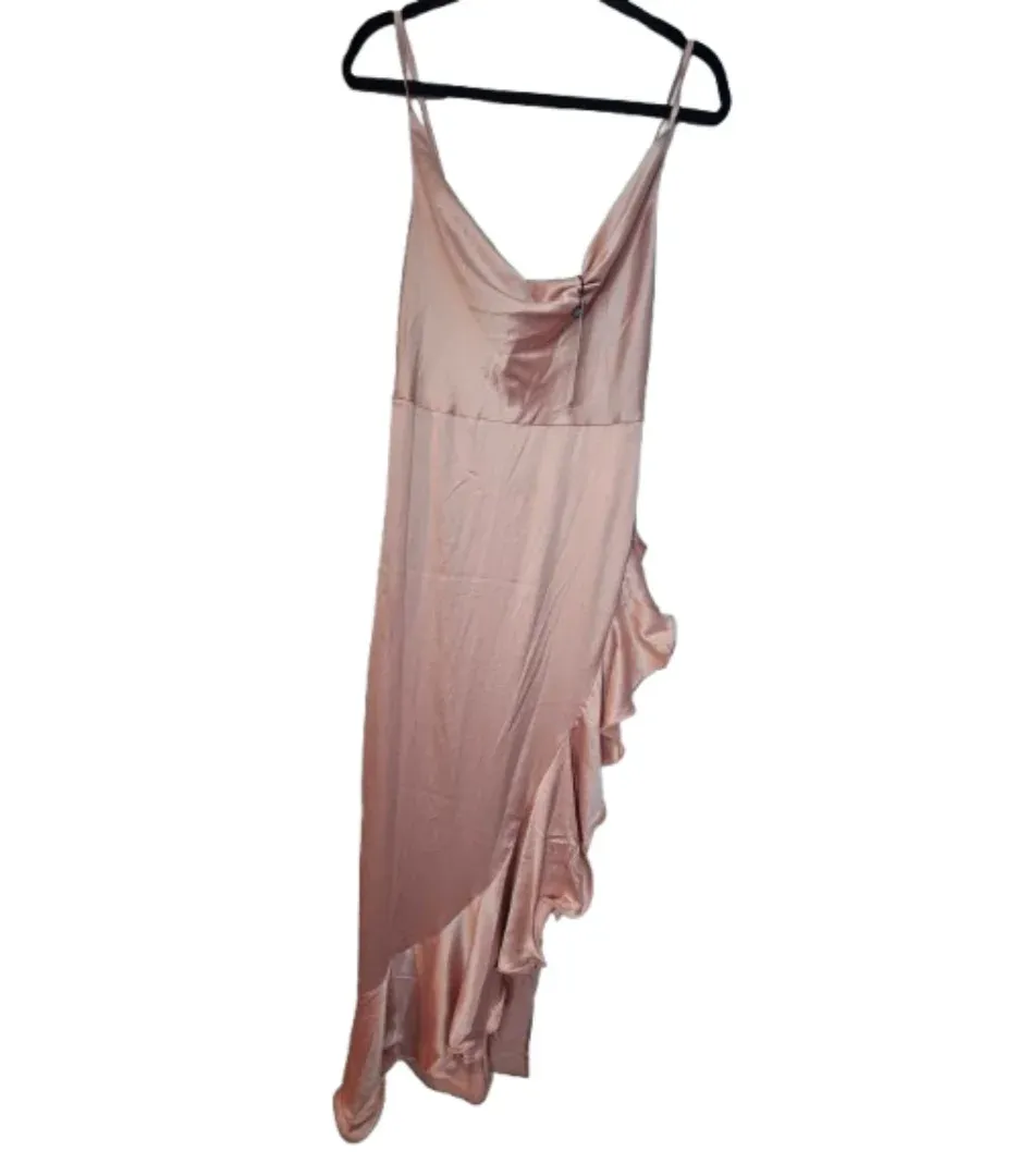 Boohoo Occasion Champagne Satin Cowl Neck Ruffle Maxi Dress UK 12 Prom Bridesmaid