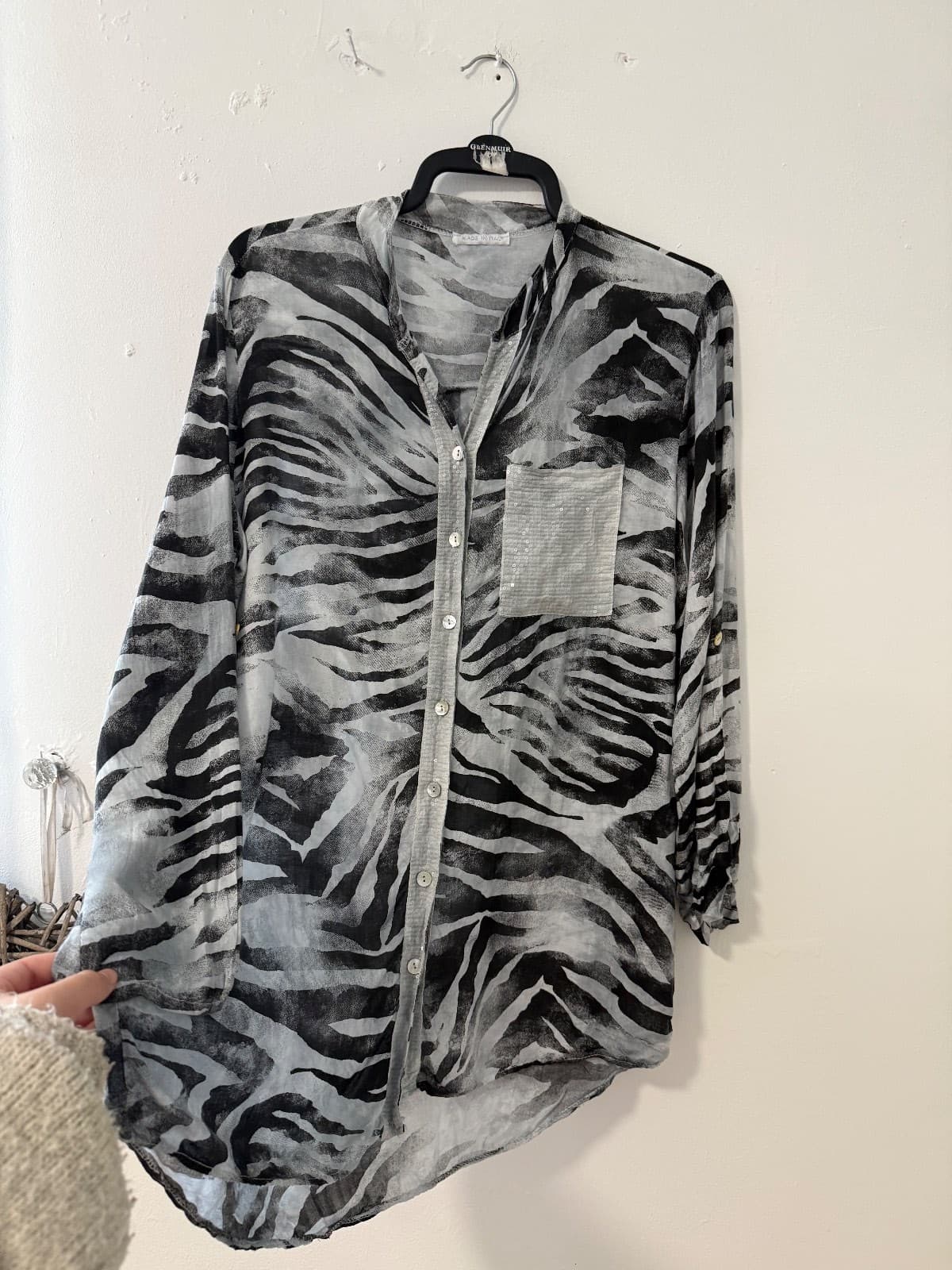 -Lightweight Long Sleeve Zebra Print Blouse Ft Sequins. MadeInItaly